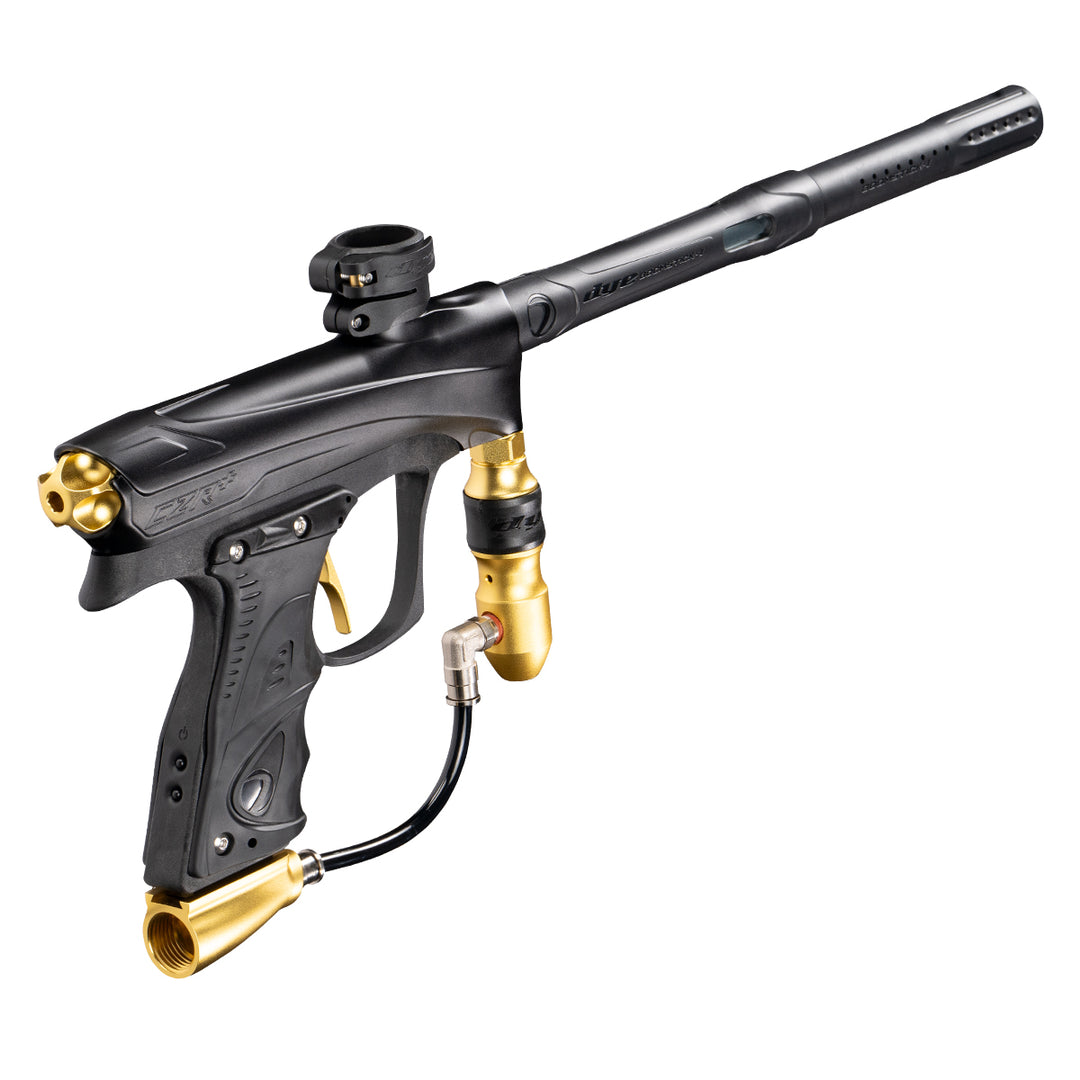 DYE RIZE CZR+ - Black/gold DUST paintball marker – angled side view