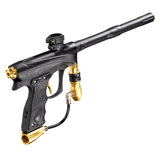 DYE RIZE CZR+ - Black/gold DUST paintball marker – angled side view