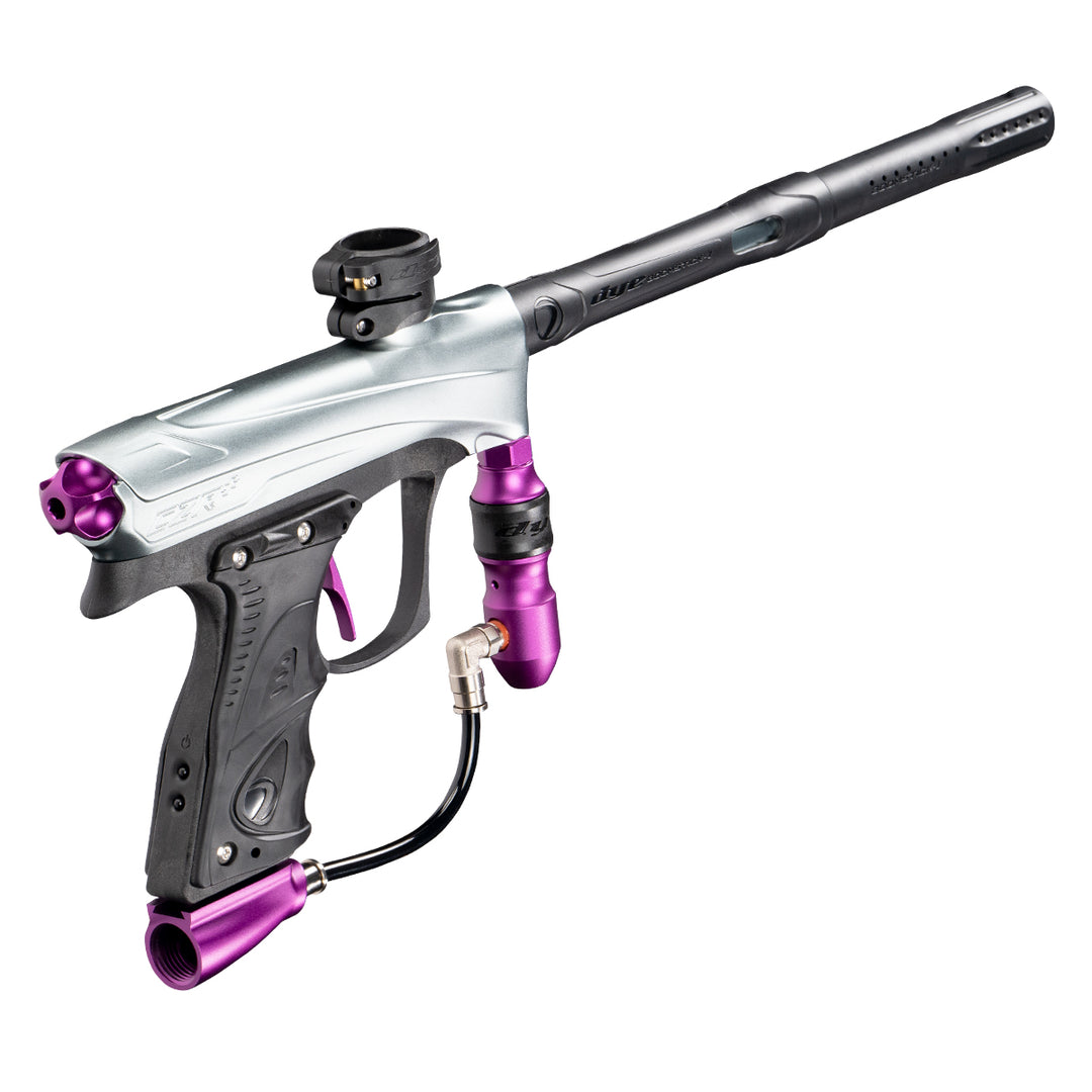 DYE RIZE CZR+ - Grey/purple DUST paintball marker – angled side view