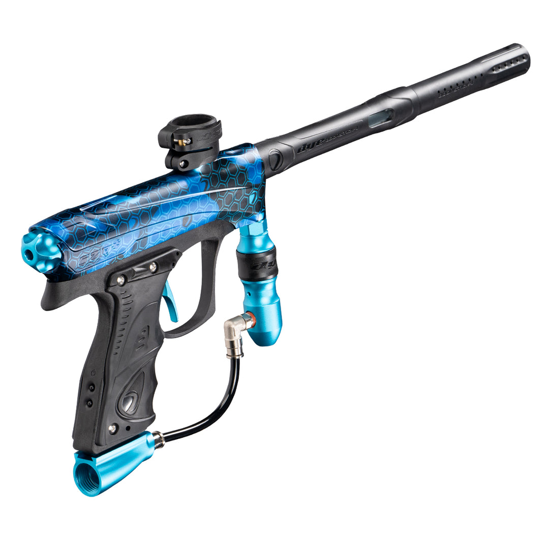 DYE RIZE CZR+ - PGA Hypercam CYAN DUST paintball marker – angled side view