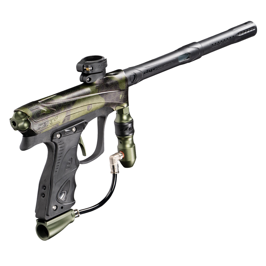 DYE RIZE CZR+ - PGA Hypercam Olive DUS paintball marker – angled side view