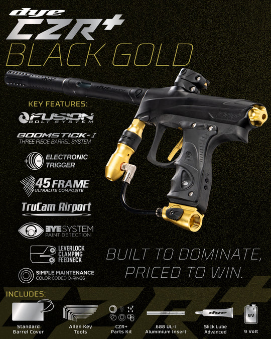 DYE RIZE CZR+ - Black/gold DUST paintball marker – top-down detail view