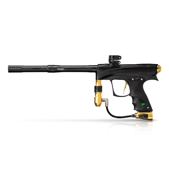 DYE RIZE CZR+ - Black/gold DUST paintball marker in Black/Gold Dust – front view, studio shot