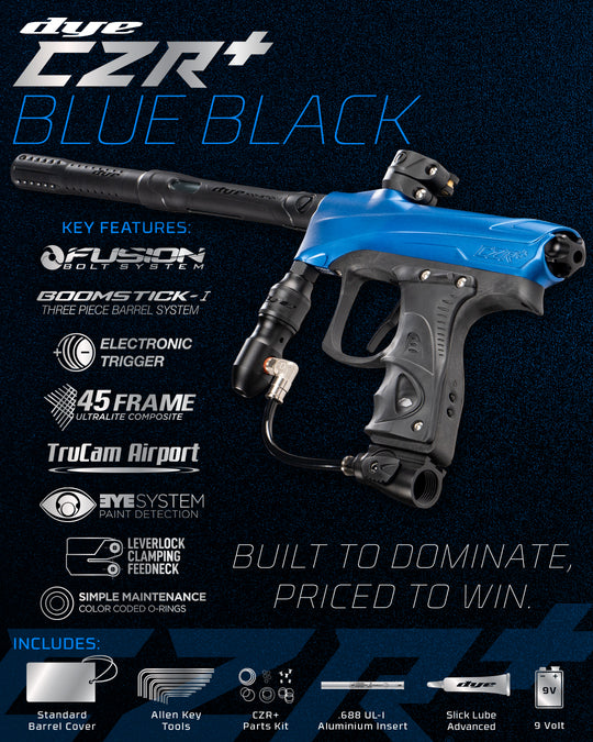 DYE RIZE CZR+ - Blue/black DUST paintball marker – top-down detail view