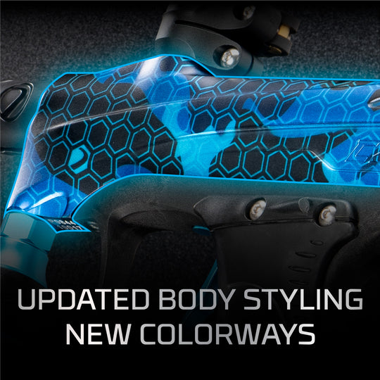 DYE RIZE CZR+ - Grey/purple DUST paintball marker – rear / underside view
