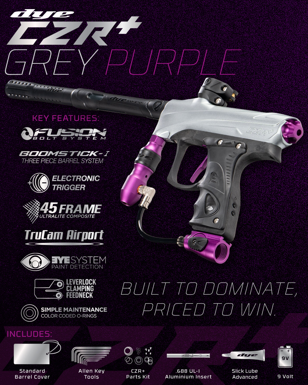 DYE RIZE CZR+ - Grey/purple DUST paintball marker – top-down detail view