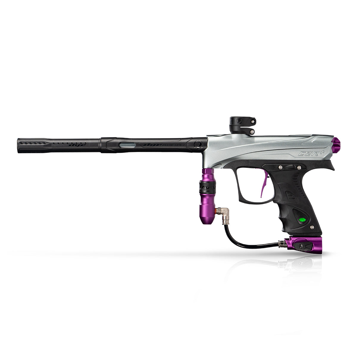 DYE RIZE CZR+ - Grey/purple DUST paintball marker in Grey/Purple Dust – front view, studio shot