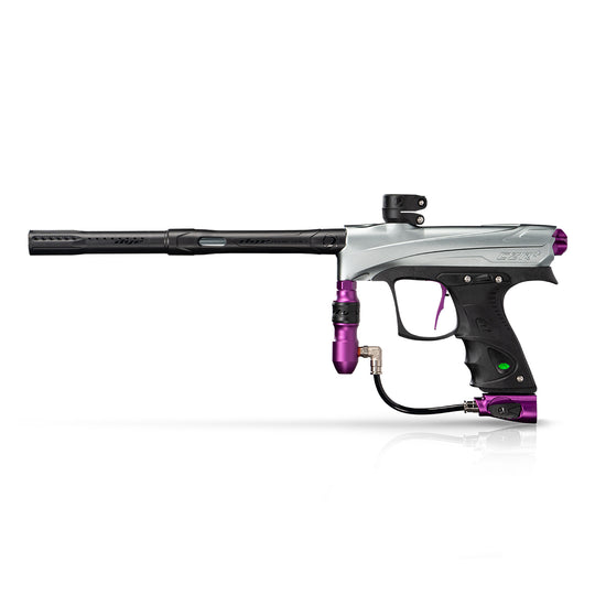 DYE RIZE CZR+ - Grey/purple DUST paintball marker in Grey/Purple Dust – front view, studio shot