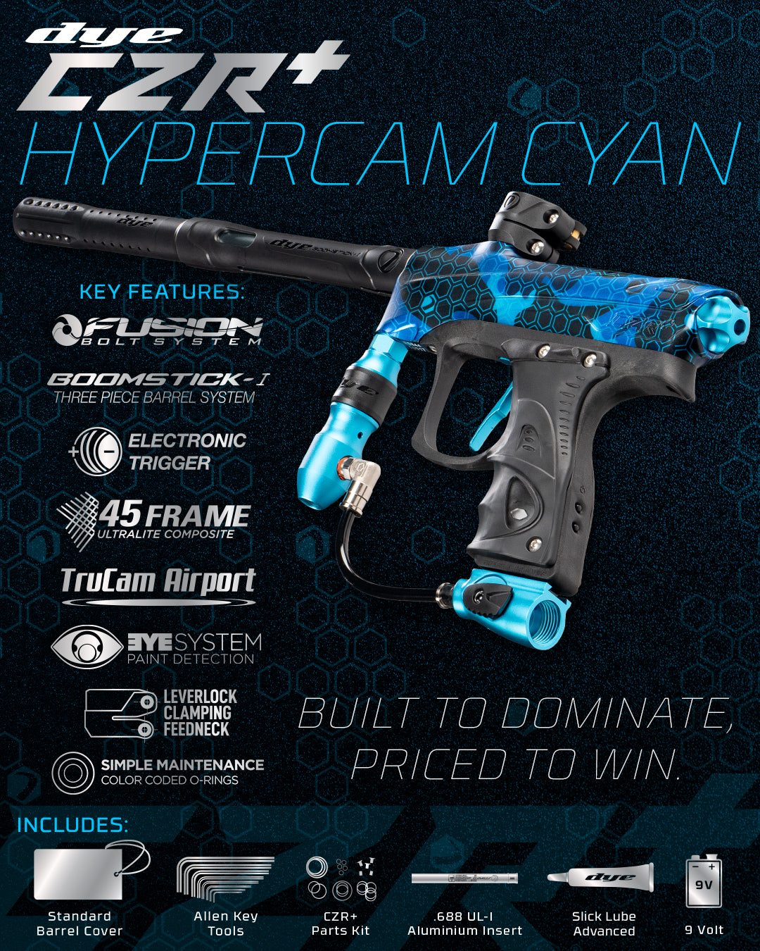 DYE RIZE CZR+ - PGA Hypercam CYAN DUST paintball marker – top-down detail view