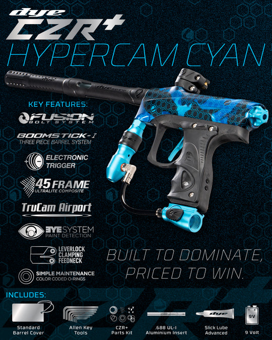 DYE RIZE CZR+ - PGA Hypercam CYAN DUST paintball marker – top-down detail view