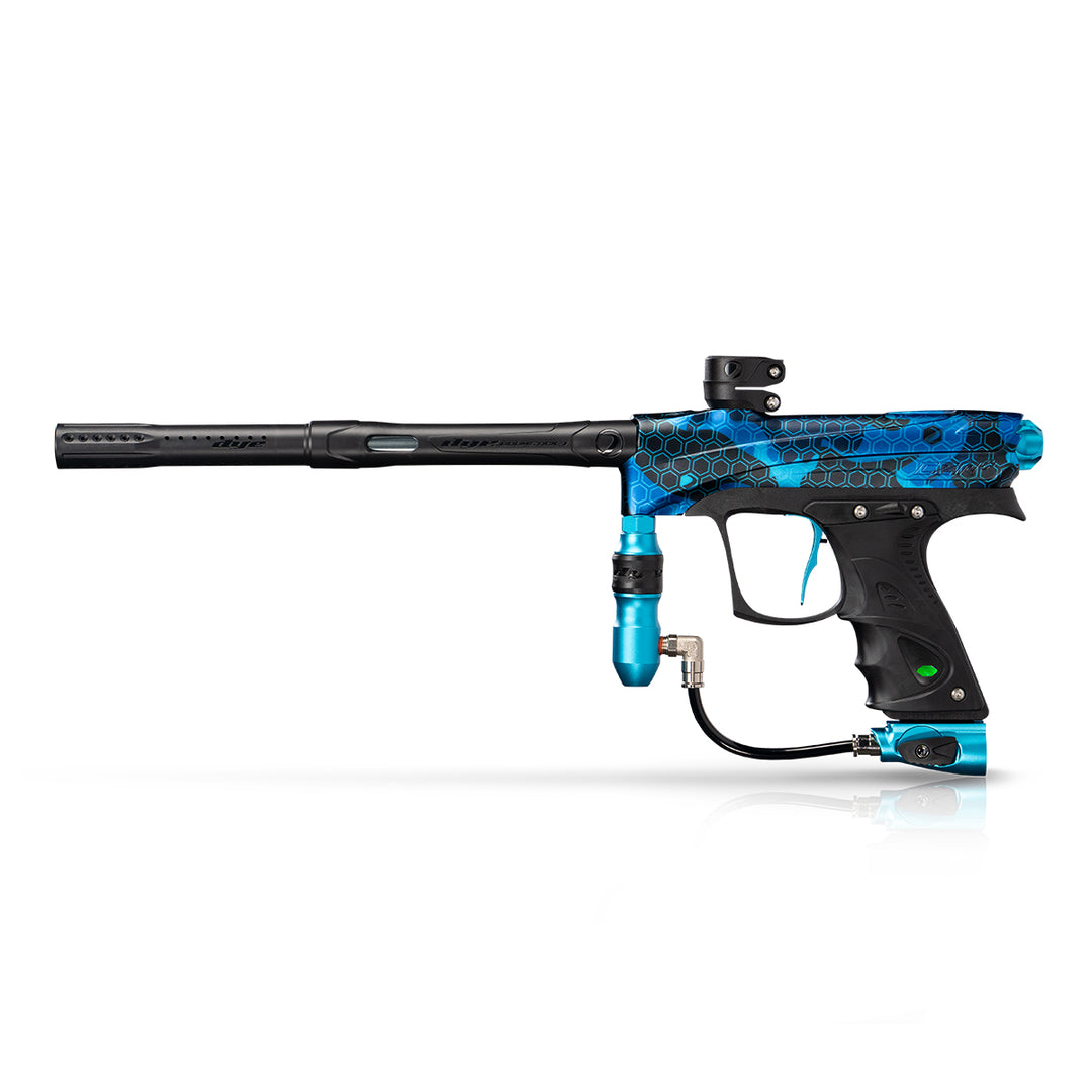 DYE RIZE CZR+ - PGA Hypercam CYAN DUST paintball marker in Pga Hypercam Cyan Dust – front view, studio shot