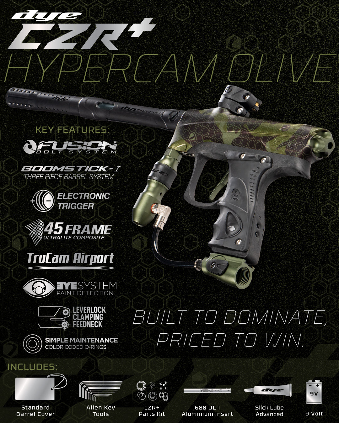 DYE RIZE CZR+ - PGA Hypercam Olive DUS paintball marker – top-down detail view