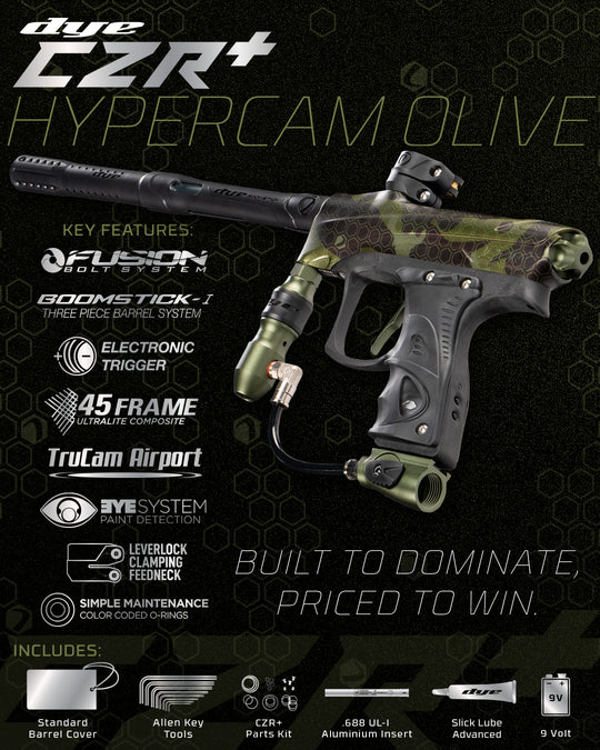 DYE RIZE CZR+ - PGA Hypercam Olive DUS paintball marker – top-down detail view