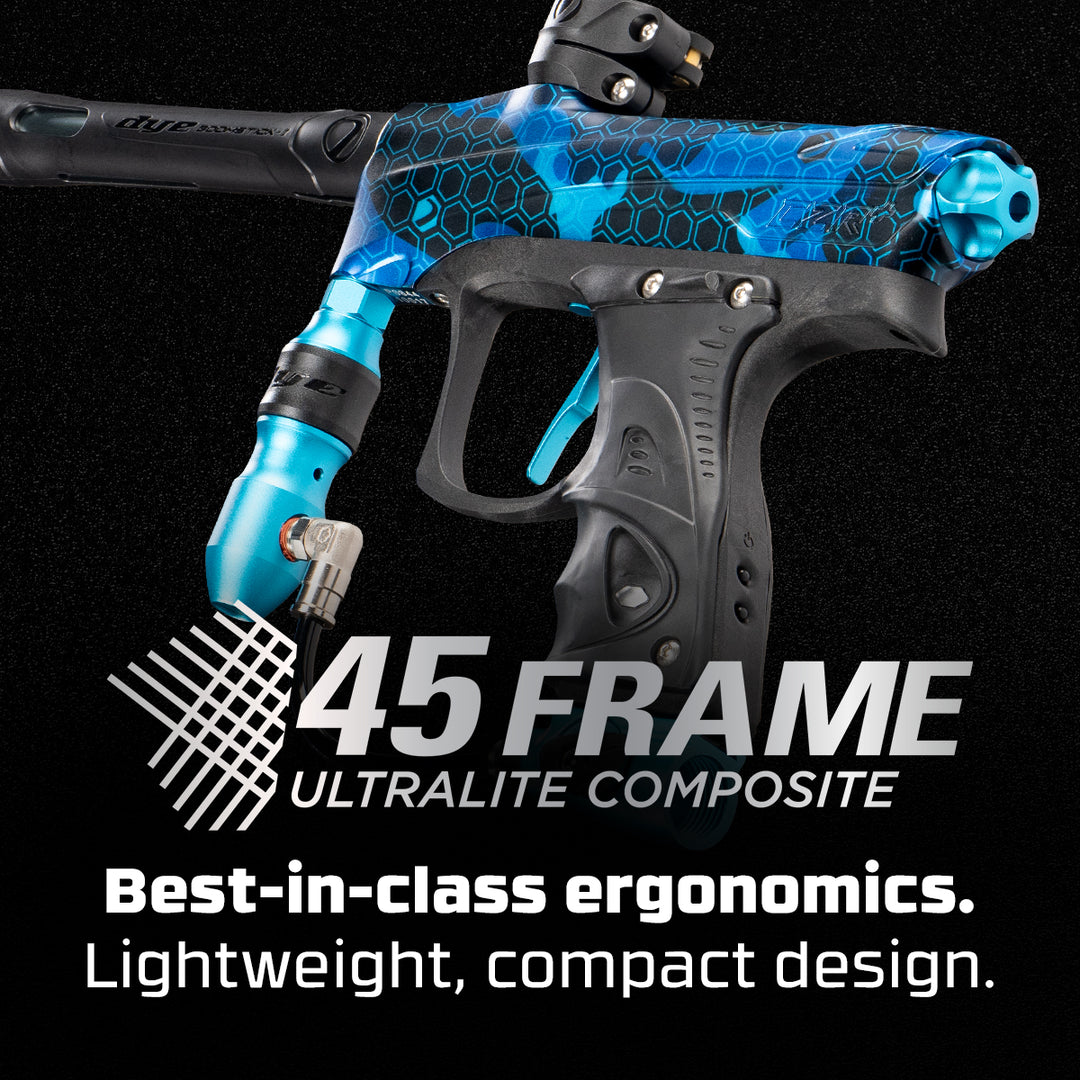 DYE RIZE CZR+ - Blue/black DUST paintball marker – feature callout shot