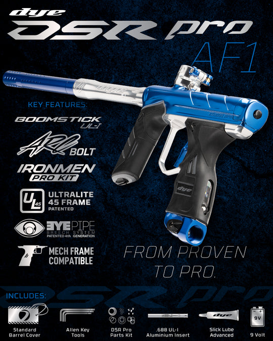 DYE DSR PRO AF1 paintball marker – angled side view