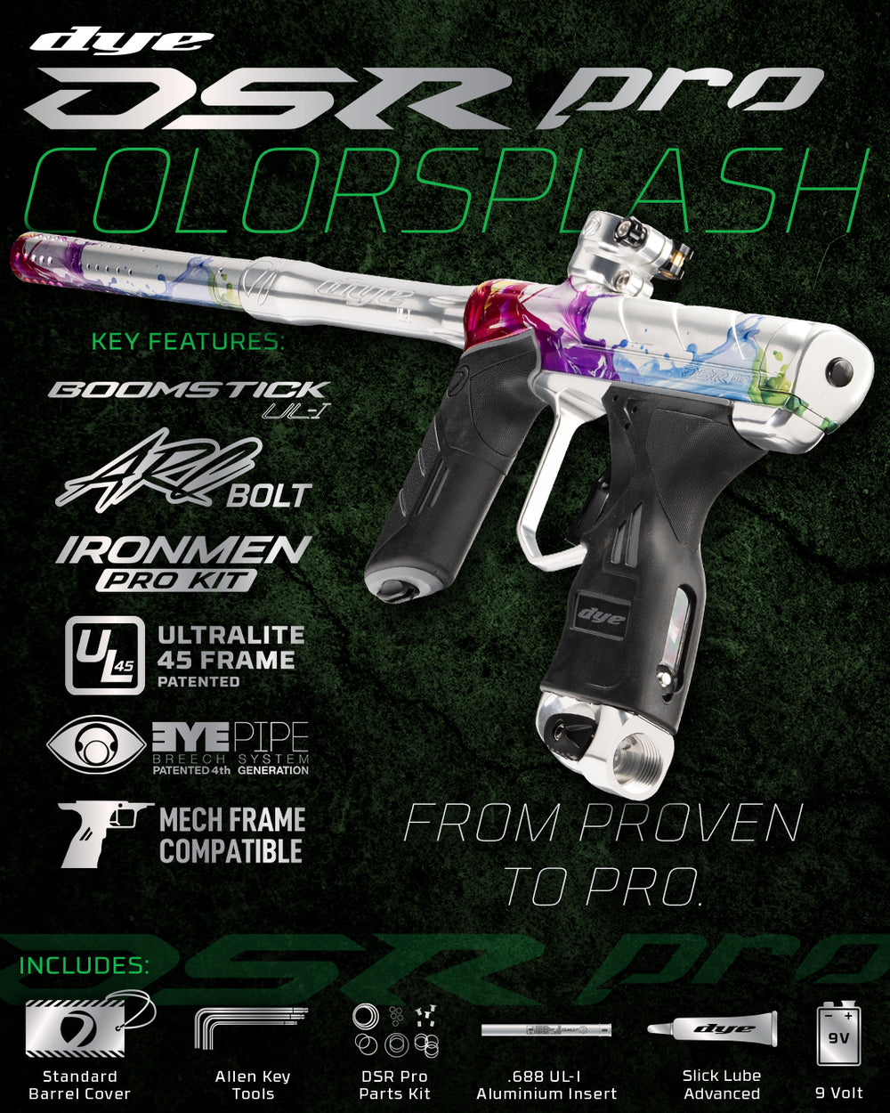 DYE DSR PRO PGA Color Splash paintball marker – angled side view
