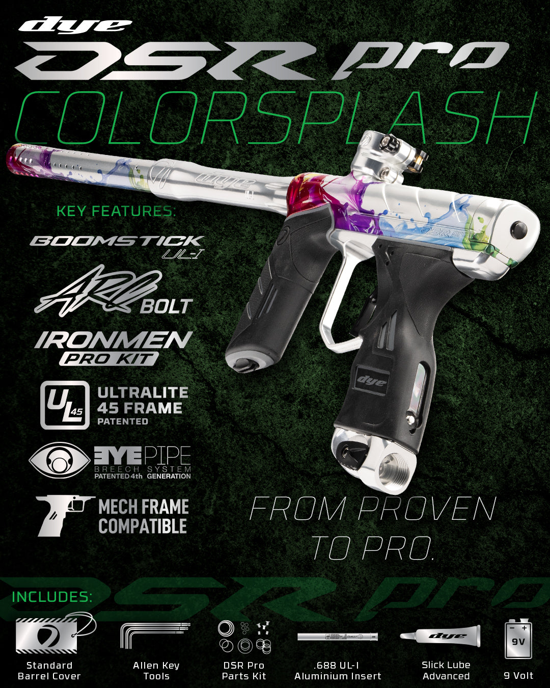 DYE DSR PRO PGA Color Splash paintball marker – angled side view