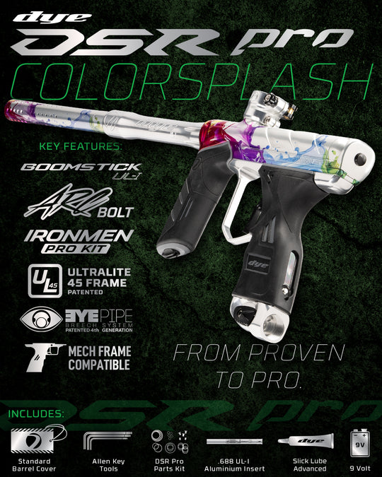 DYE DSR PRO PGA Color Splash paintball marker – angled side view
