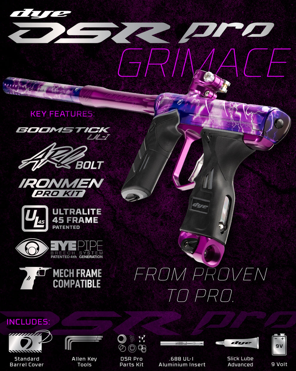 DYE DSR PRO PGA Grimace paintball marker – angled side view