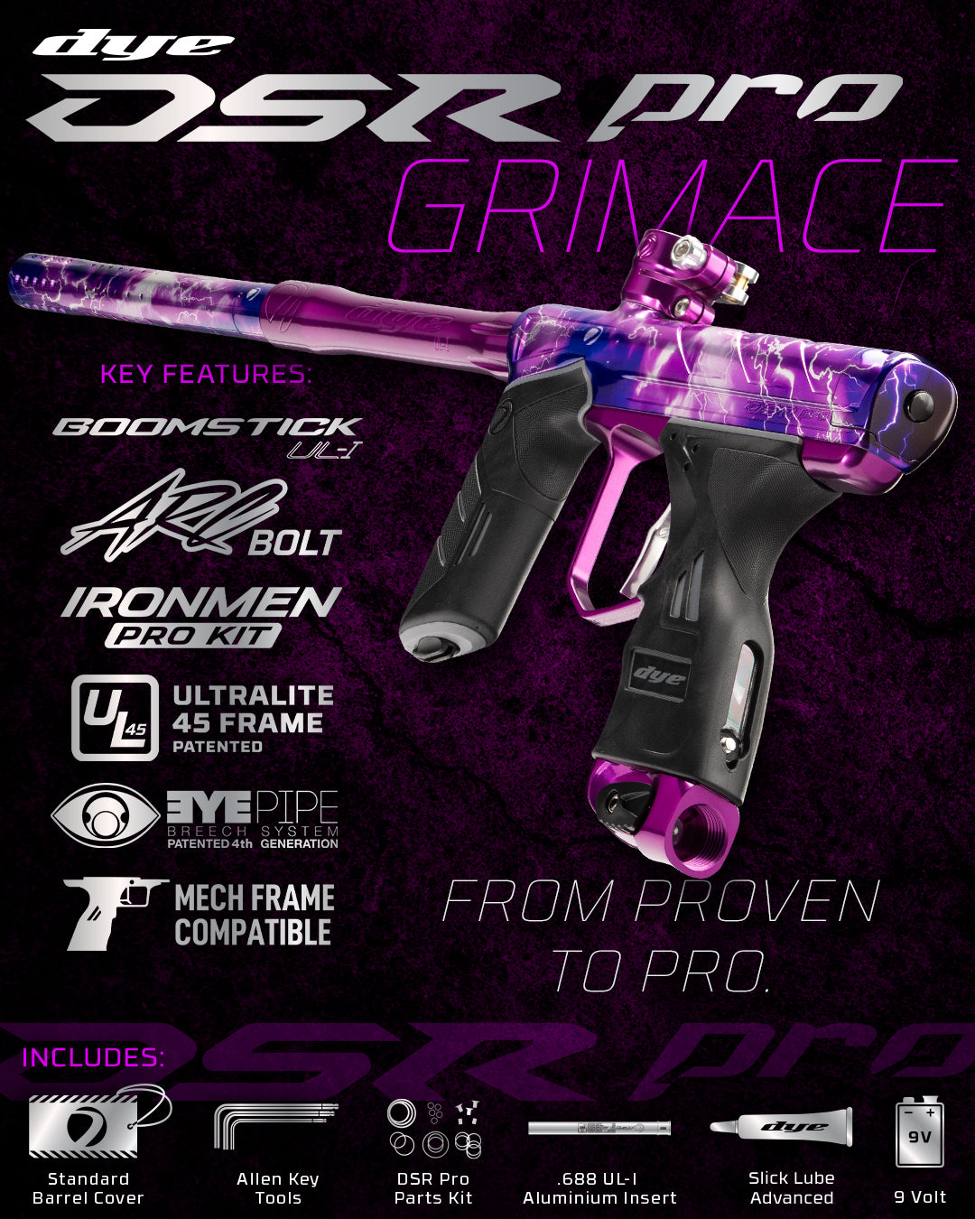 DYE DSR PRO PGA Grimace paintball marker – angled side view