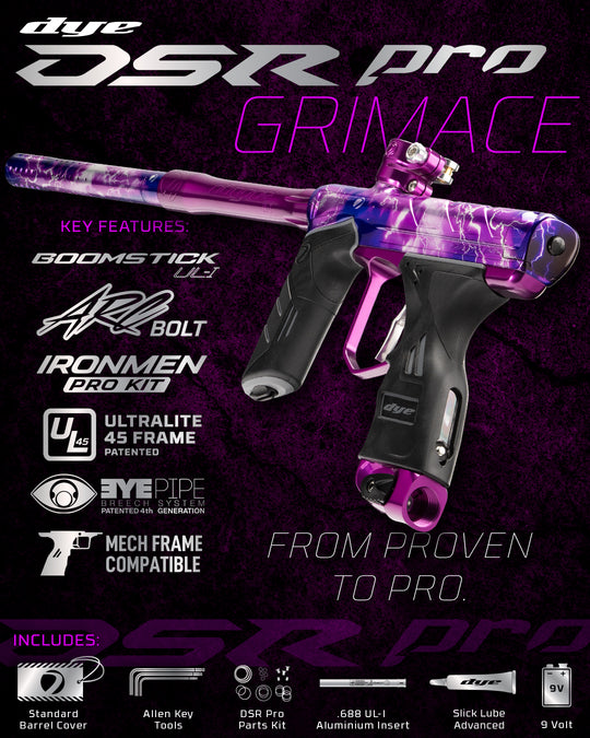 DYE DSR PRO PGA Grimace paintball marker – angled side view
