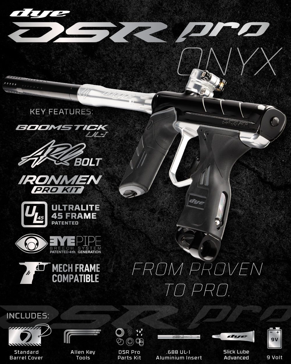 DYE DSR PRO Onyx paintball marker – angled side view