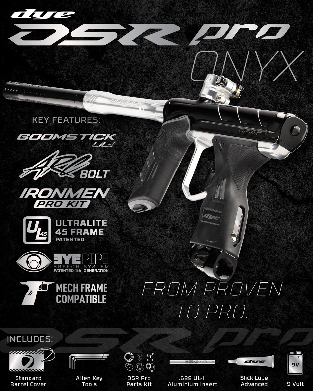 DYE DSR PRO Onyx paintball marker – angled side view