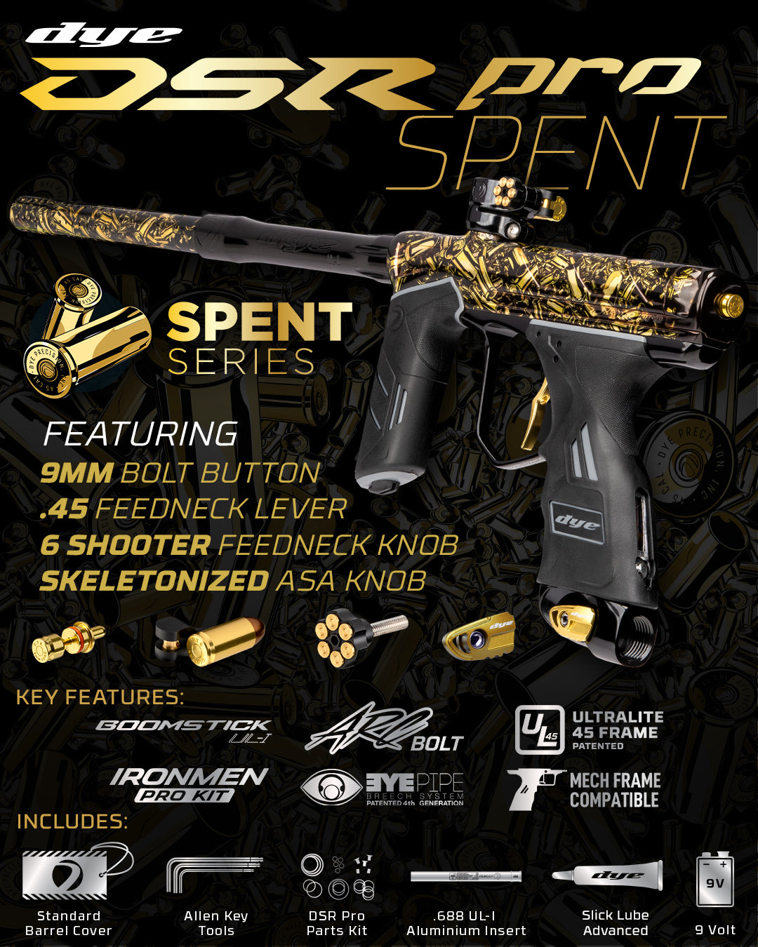 DYE DSR PRO PGA Spent custom paintball marker – angled side view
