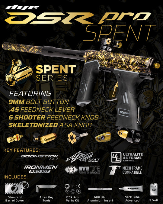 DYE DSR PRO PGA Spent custom paintball marker – angled side view