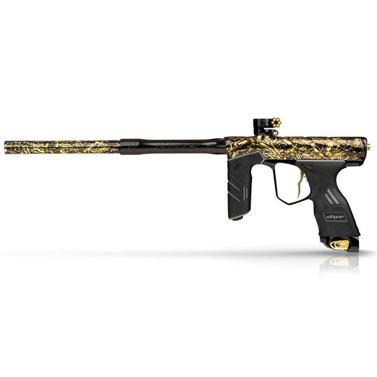 DYE DSR PRO PGA Spent custom paintball marker in PGA Spent – front view, studio shot