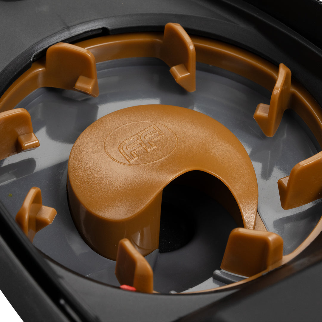 DYE Feed Kit Rotor FF Funnel Brown-gre paintball loader – rear / underside view