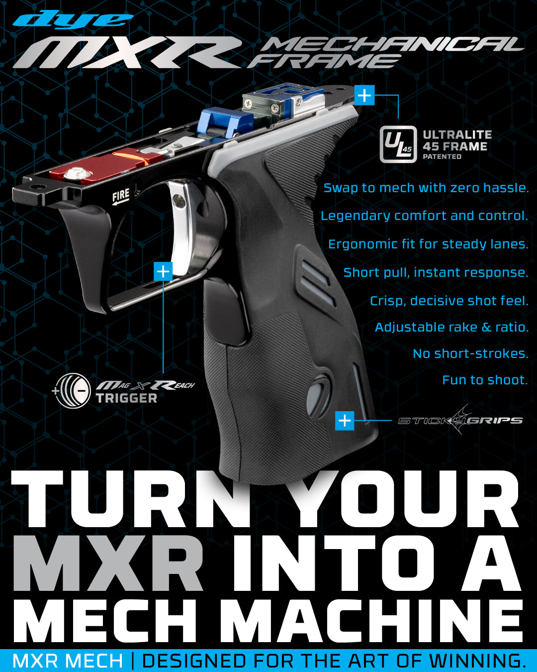 DYE MXR Mech mechanical trigger frame – front view, studio shot