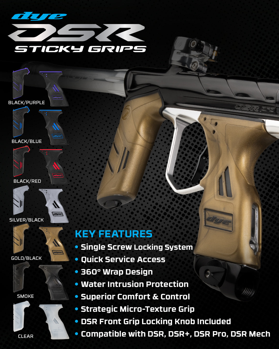 DYE DSR Sticky Grip Kit replacement paintball grip – front view, studio shot