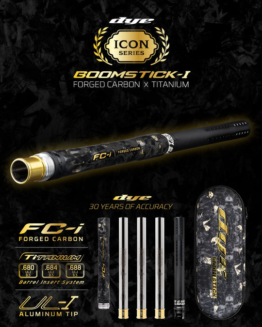 DYE Boomstick-I Ti FC-I forged carbon fiber paintball barrel kit – angled side view