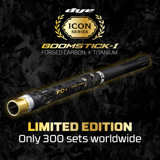 DYE Boomstick-I Ti FC-I forged carbon fiber paintball barrel kit – front view, studio shot