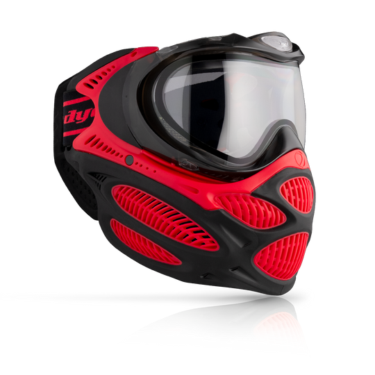 DYE i3 Pro paintball goggle in Fire Red – front view, studio shot