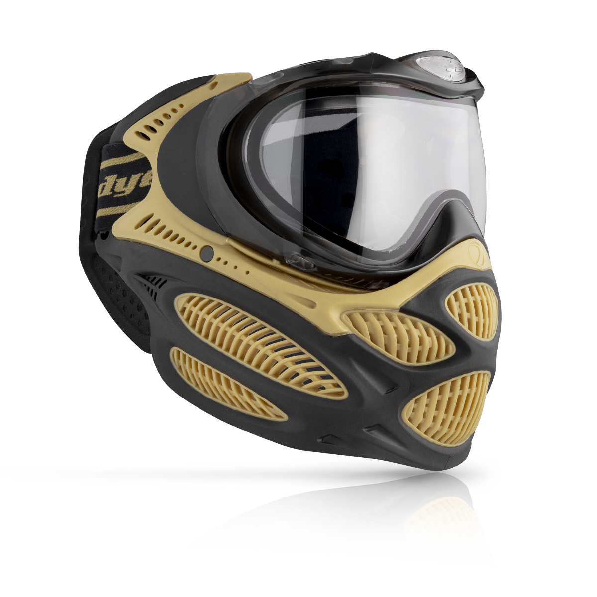 DYE i3 Pro paintball goggle in Heritage Gold – front view, studio shot
