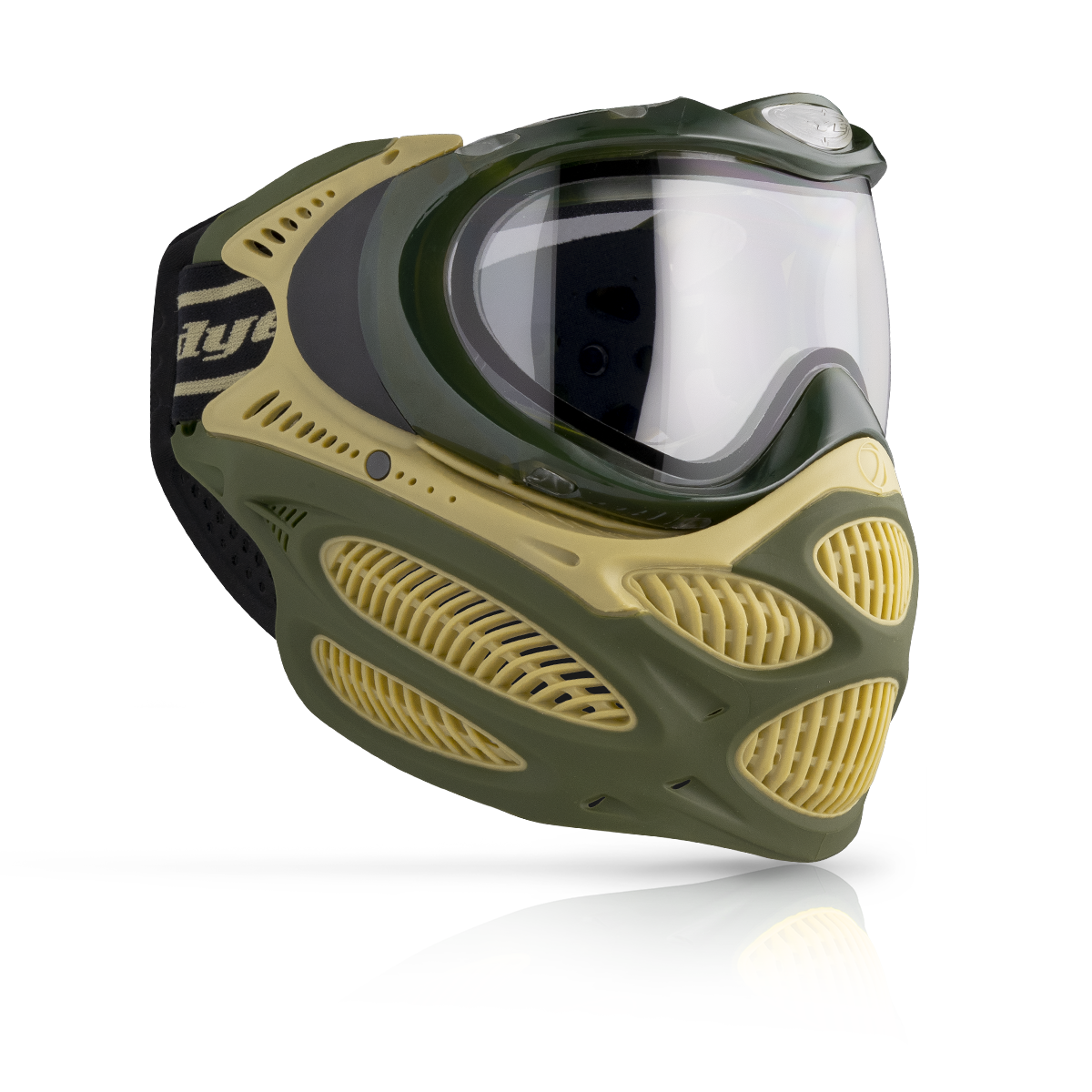 DYE i3 Pro paintball goggle in Tac Olive – front view, studio shot