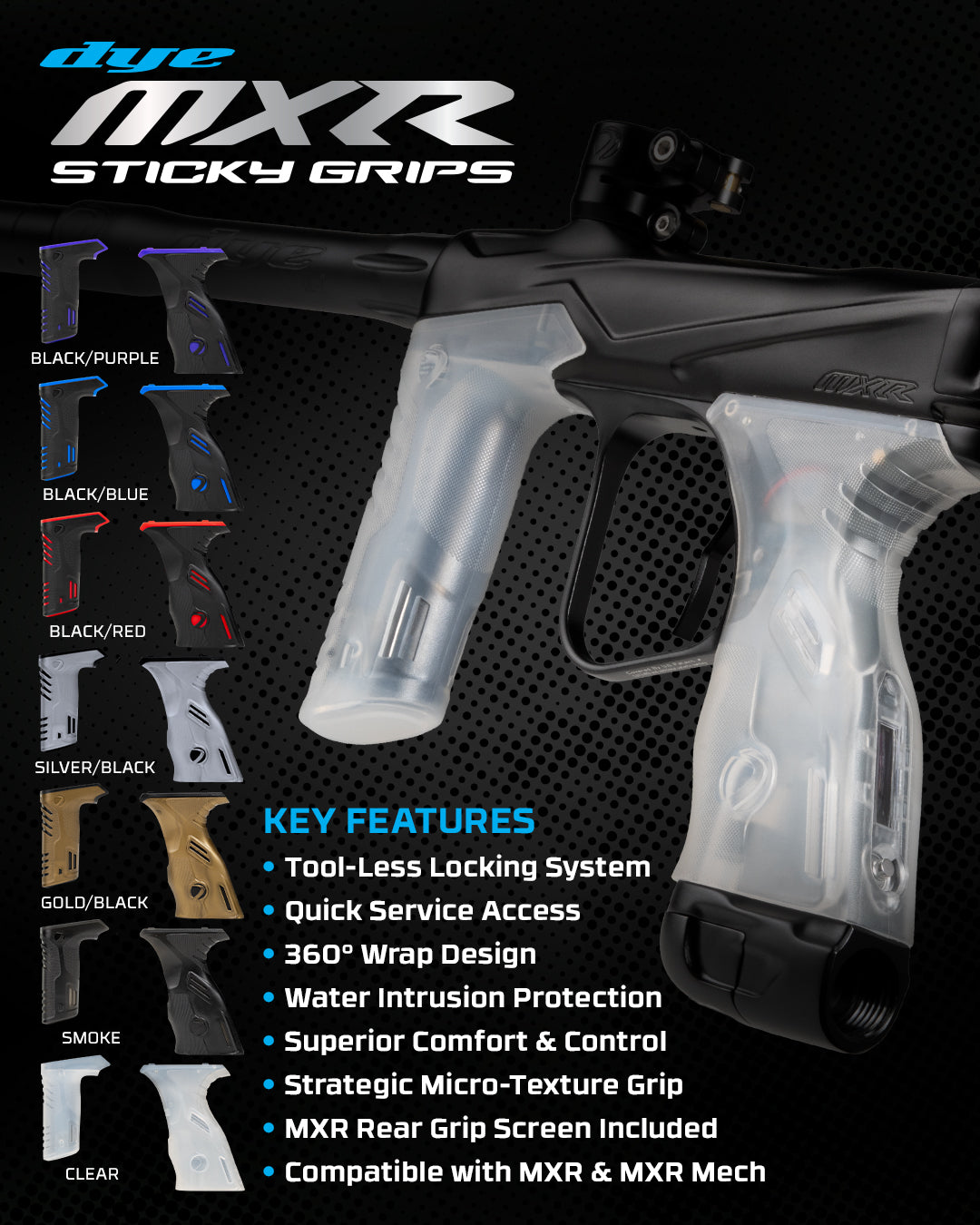 DYE MXR Sticky Grip Kit replacement paintball grip – front view, studio shot