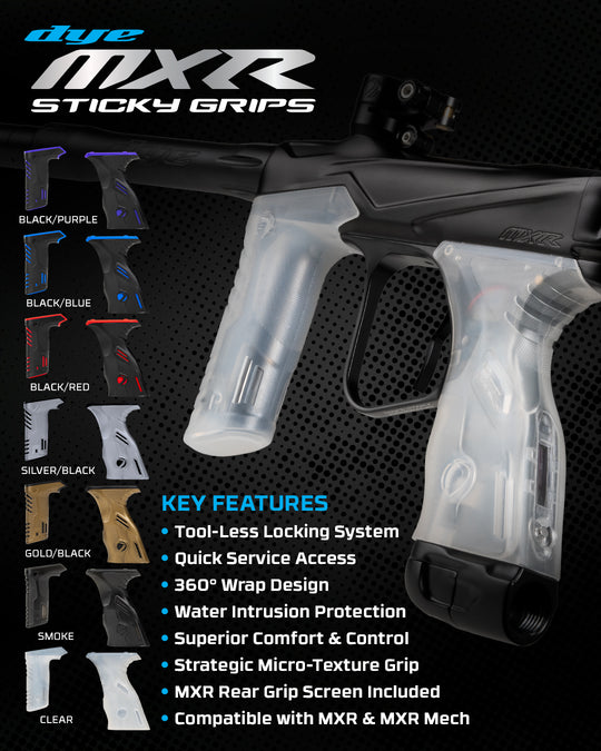 DYE MXR Sticky Grip Kit replacement paintball grip – front view, studio shot