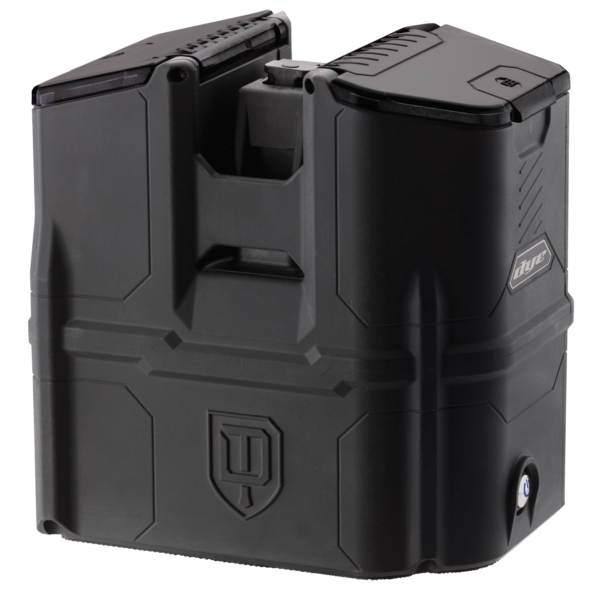 DYE Rotor Box paintball loader in Black – front view, studio shot