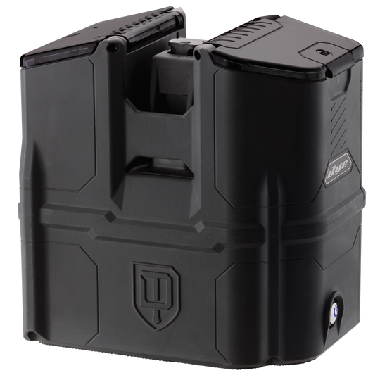 DYE Rotor Box paintball loader in Black – front view, studio shot