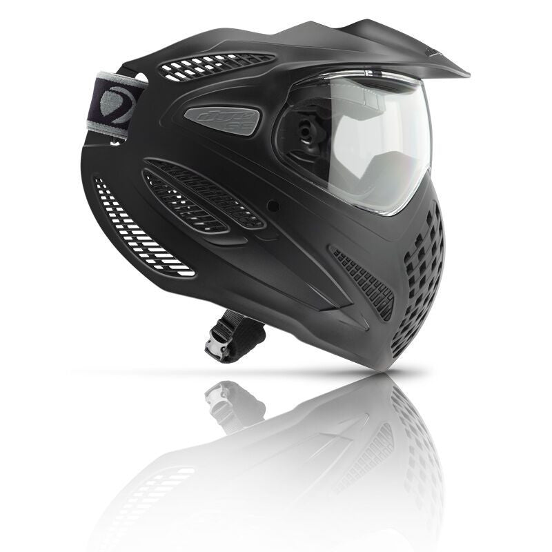 A black DYE SE Goggle with a clear anti-fog resistant lens, built-in visor, and unidirectional venting.
