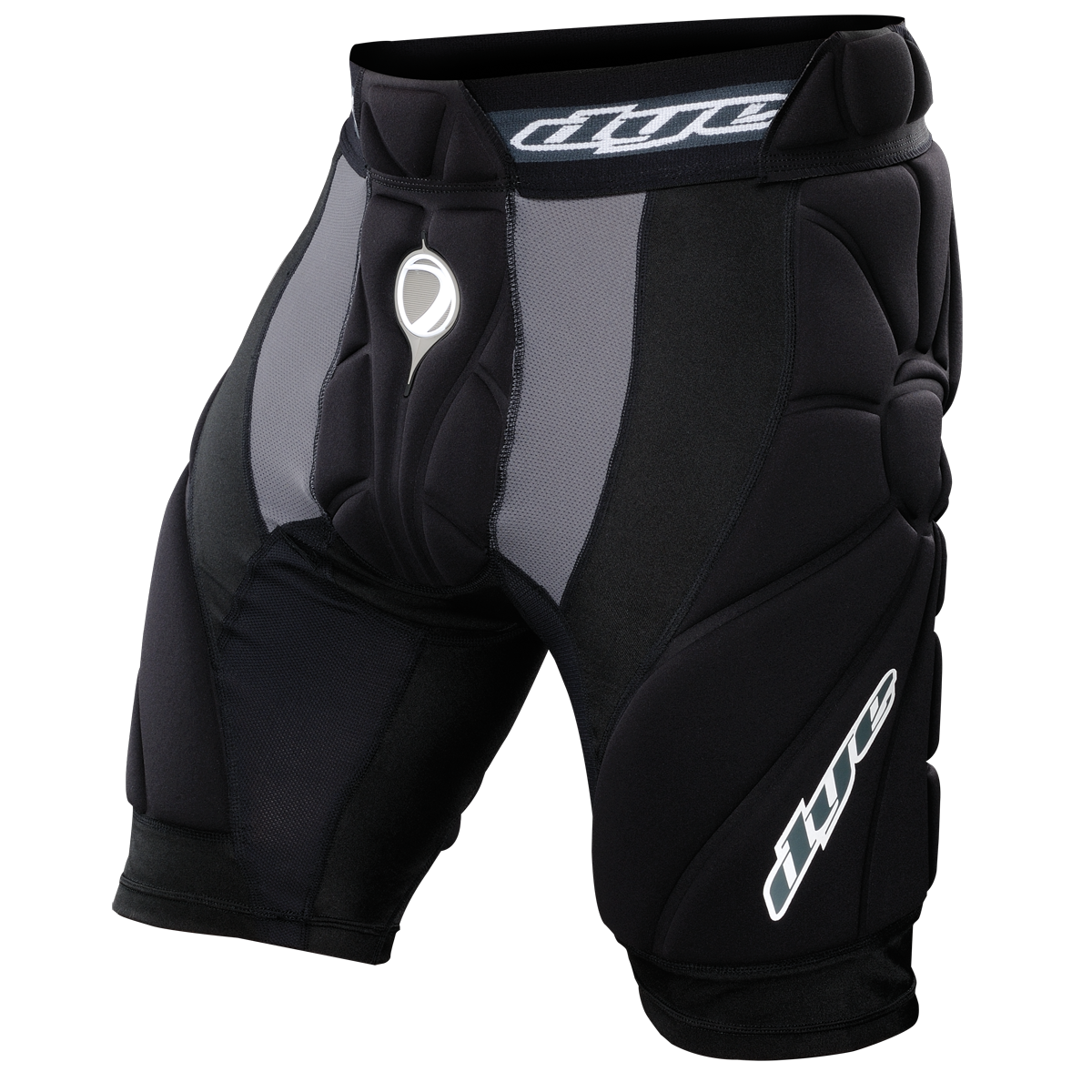 DYE Performance Slide Shorts - Black paintball protective gear in Black – front view, studio shot