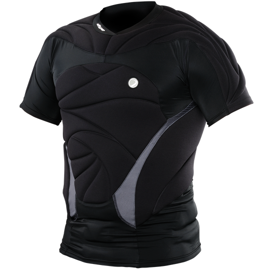 DYE Padded Performance Top - Black paintball protective gear in Black – front view, studio shot